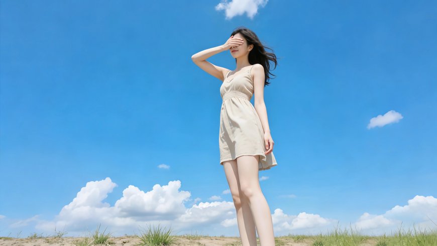 蓝天白云草地女孩遮阳自然风光写真风景电脑壁纸