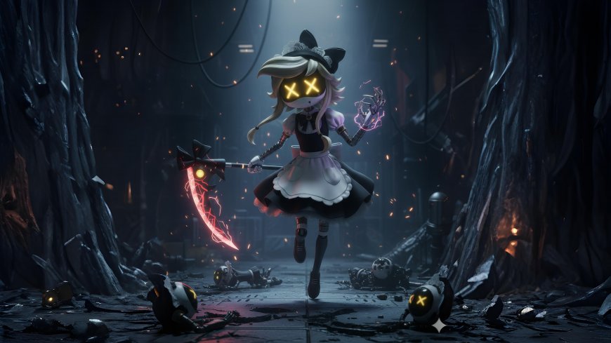 机械女仆持发光镰刀战斗场景废墟中电光闪烁科幻风格科技电脑壁纸