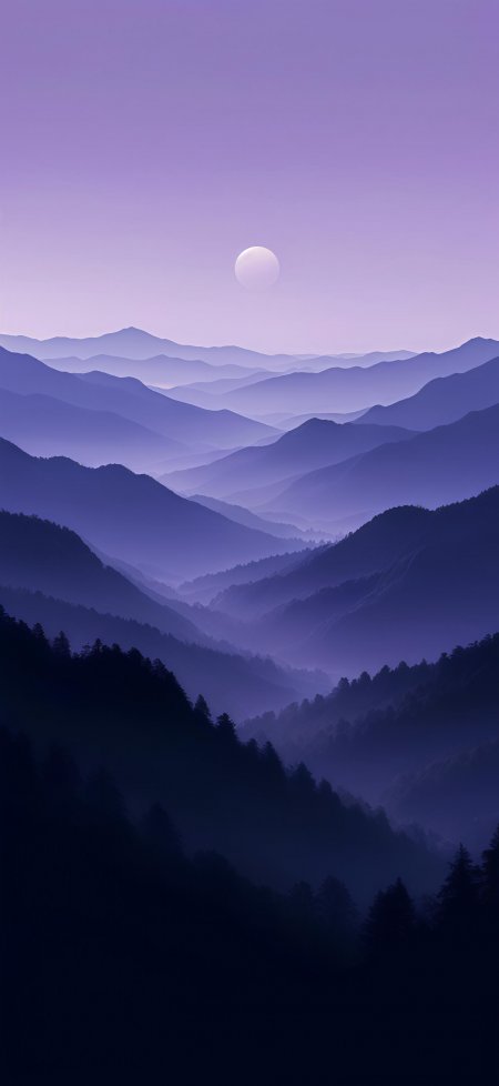 紫色层叠山峦月升雾霭风景手机壁纸