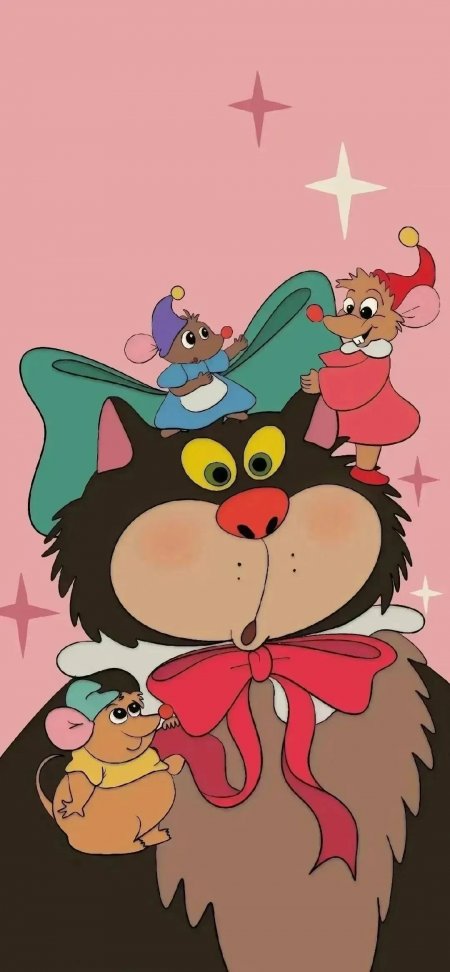 迪士尼仙履奇缘三只小老鼠与黑猫欢乐互动手机壁纸