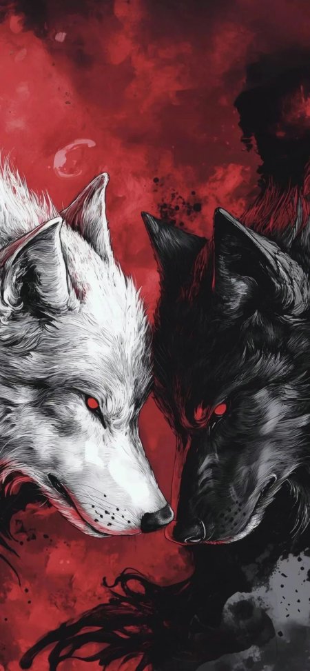 黑白双狼对峙红背景插画手机壁纸