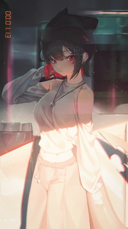 动漫少女红眼黑帽未来风光影都市场景手机壁纸