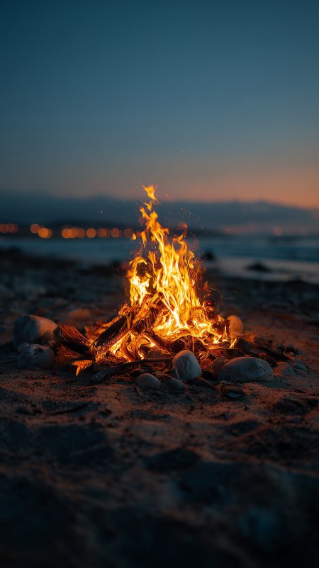 海滩篝火黄昏燃烧场景手机壁纸