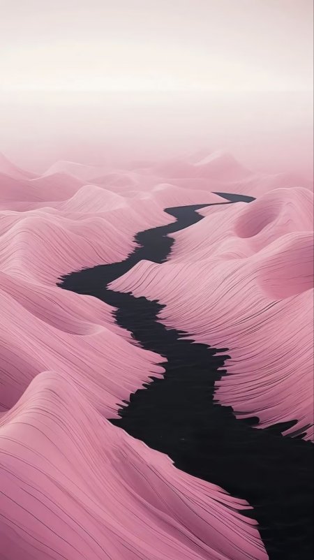 粉色波浪山丘黑河蜿蜒抽象风景手机壁纸