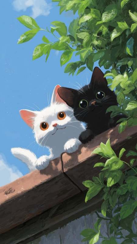 黑白猫咪屋顶探头绿叶蓝天手机壁纸