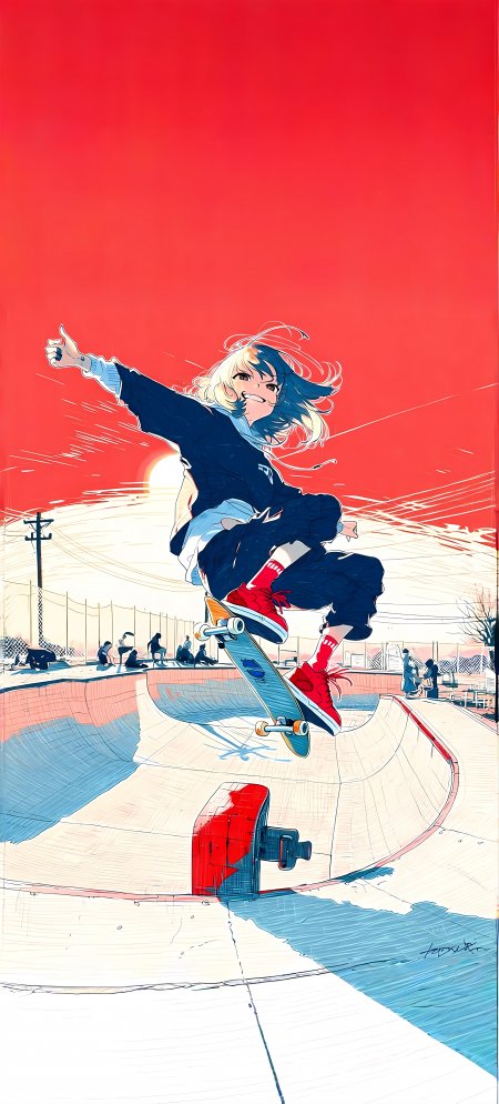 动漫少女滑板腾空动作红色背景手机壁纸