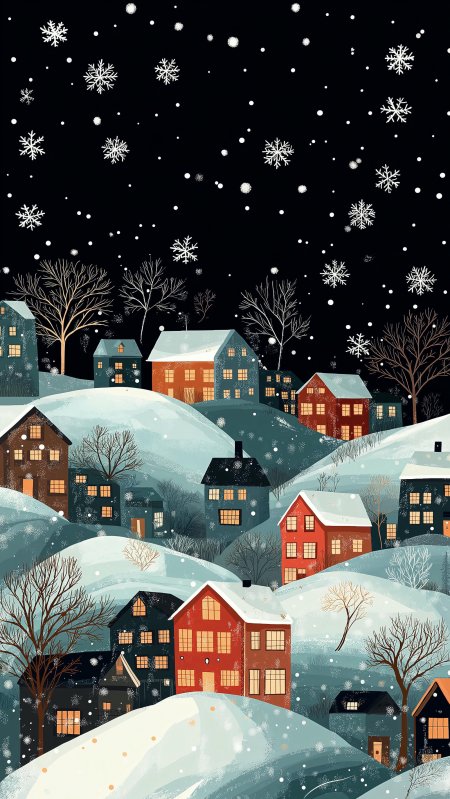 冬夜雪村暖光小屋插画风格手机壁纸
