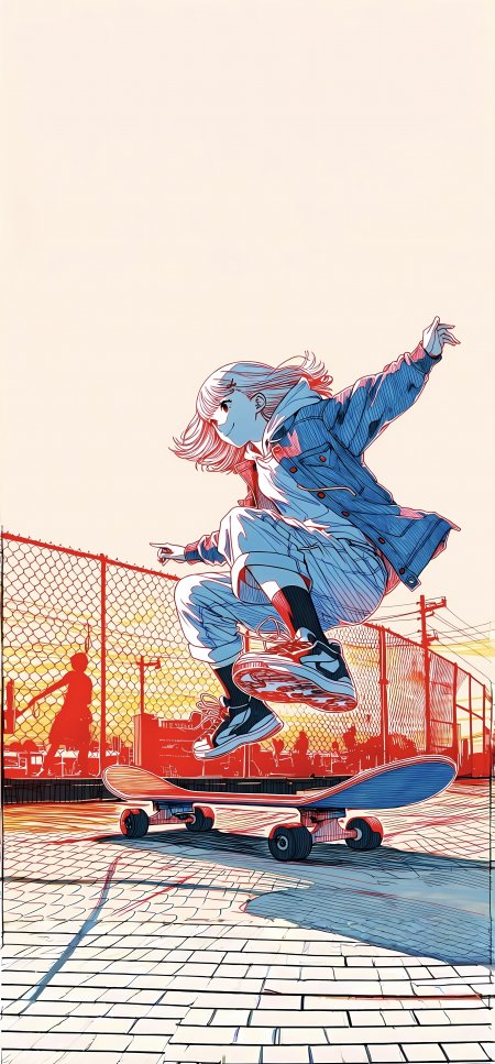 动漫少女滑板腾空动作红蓝双色线条风手机壁纸