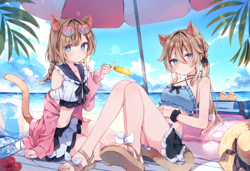 海滩猫耳姐妹风景电脑壁纸