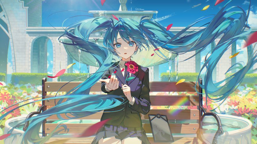 初音未来蓝发双马尾手持花朵喷泉花园场景二次元动漫电脑壁纸