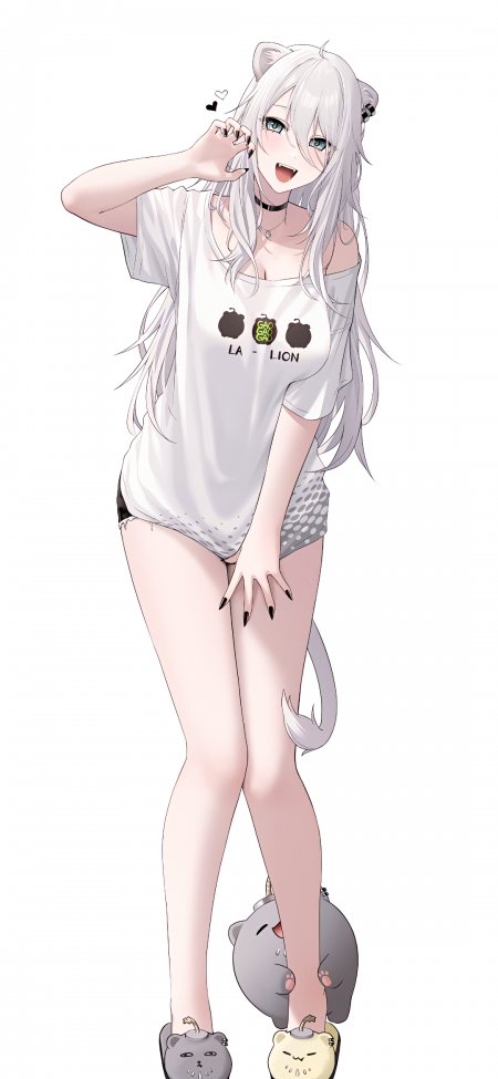 银发猫耳少女比心微笑穿LA-LIONT恤手机壁纸