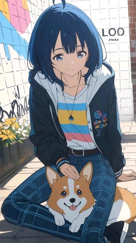 LOO ANMA蓝发少女抚摸柯基犬街头插画手机壁纸
