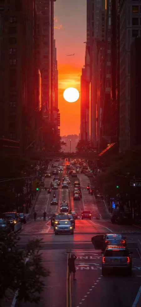 纽约曼哈顿日落城市街道高楼夕阳飞机街景手机壁纸