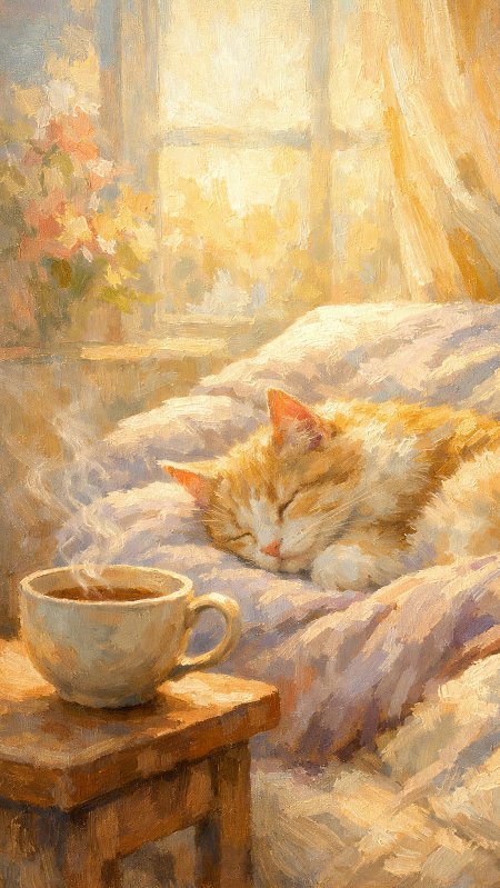暖光窗边橘猫安睡咖啡杯静置手机壁纸