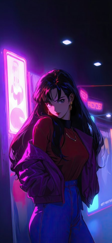 城市夜景霓虹光影下黑发少女回眸凝视手机壁纸