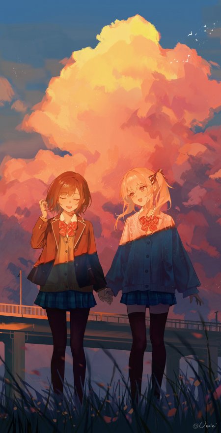 Lycoris Recoil锦木千束井之上泷奈夕阳桥畔牵手场景手机壁纸