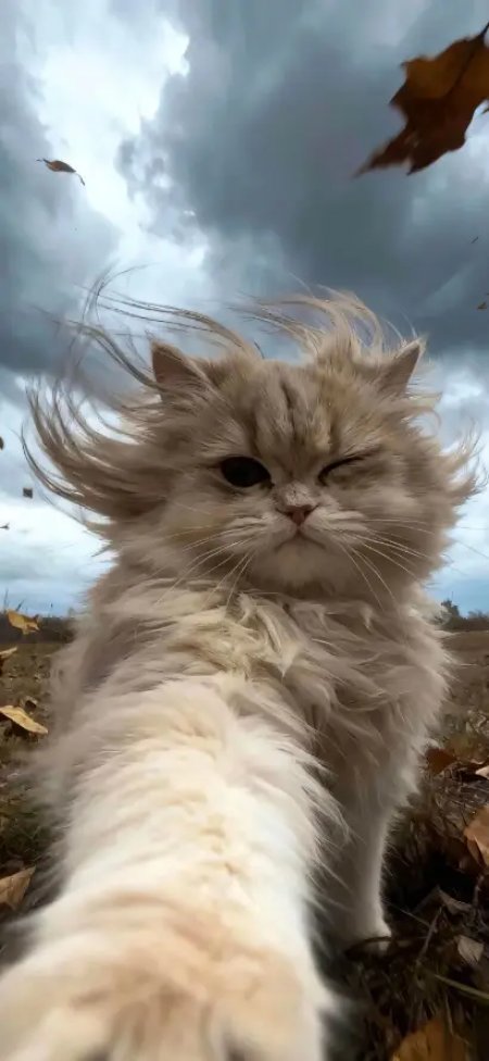 猫咪自拍风吹长毛秋日落叶天空自然表情萌宠瞬间手机壁纸