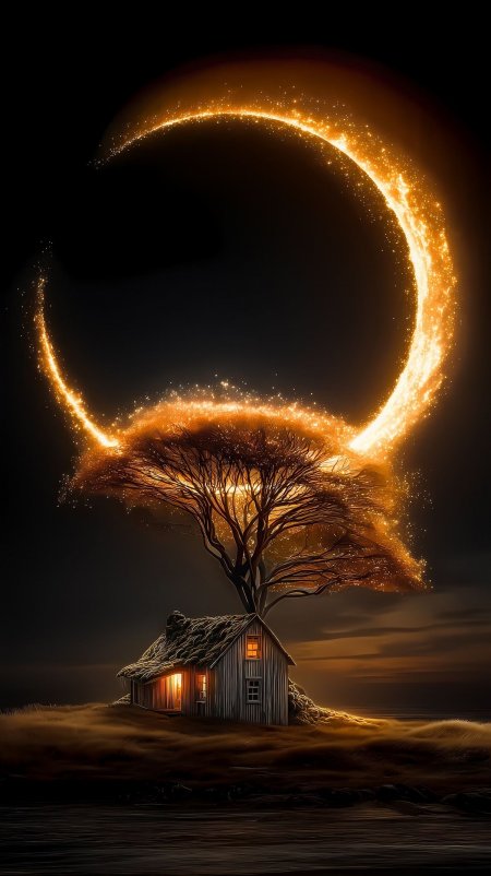 金色新月光环环绕枯树小屋夜景手机壁纸