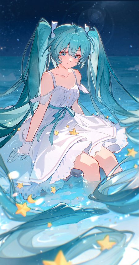 初音未来星空海面坐姿白裙星星装饰手机壁纸