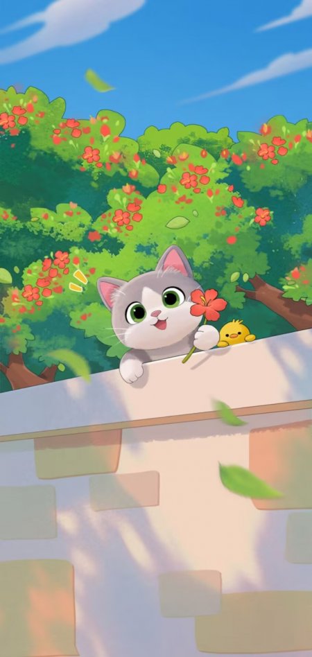 可爱灰白猫手持红花与小黄鸭peek墙头春日花园手机壁纸