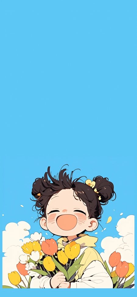 可爱女孩捧郁金香大笑蓝天白云手机壁纸