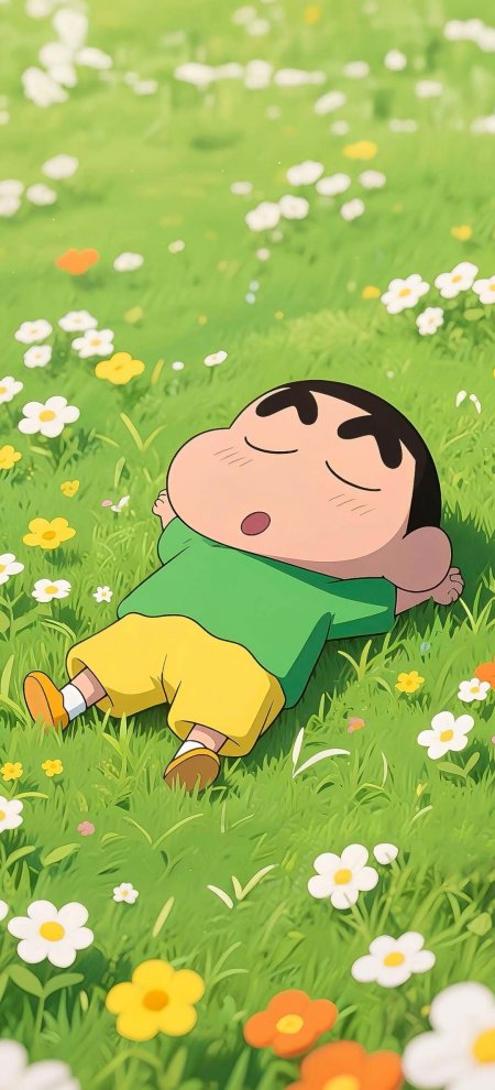 蜡笔小新躺草坪闭眼微笑春日花海手机壁纸