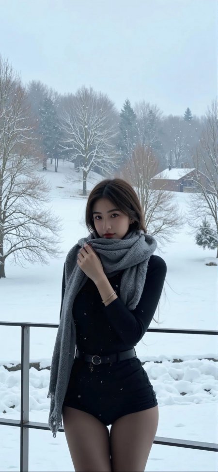 雪地黑衣女性灰色围巾冬季户外写真手机壁纸
