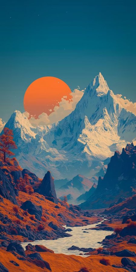 雪山日落橙蓝渐变风景插画手机壁纸