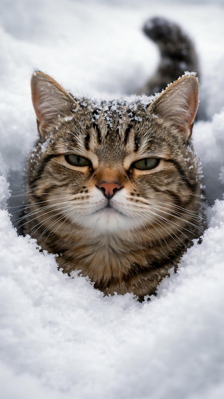 雪中虎斑猫凝视特写手机壁纸