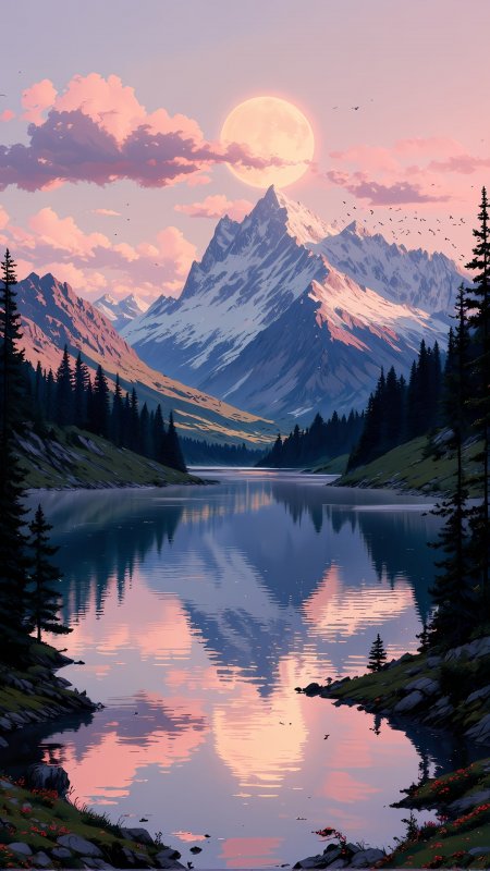 雪山湖泊日落倒影风景插画手机壁纸