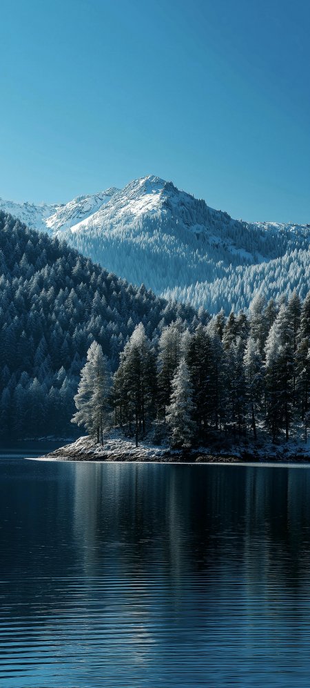 雪山湖泊雪松森林冬日静谧风景手机壁纸