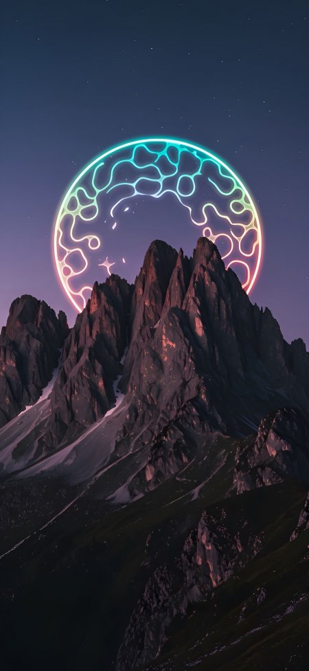 赛博朋克风格霓虹光环山峰夜景手机壁纸