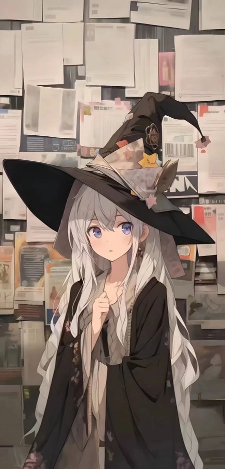 魔女少女银发巫师帽纸张背景手机壁纸