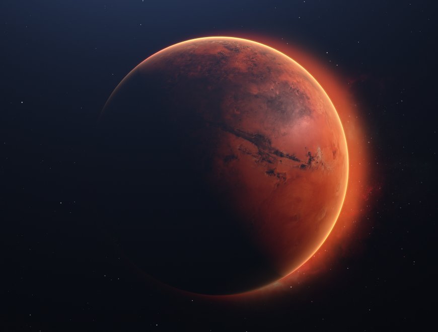 火星红色星球表面峡谷地貌日出光晕外太空行星探索风景电脑壁纸