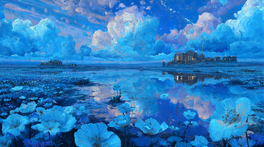 蓝色星空花海建筑倒影奇幻景观电脑壁纸