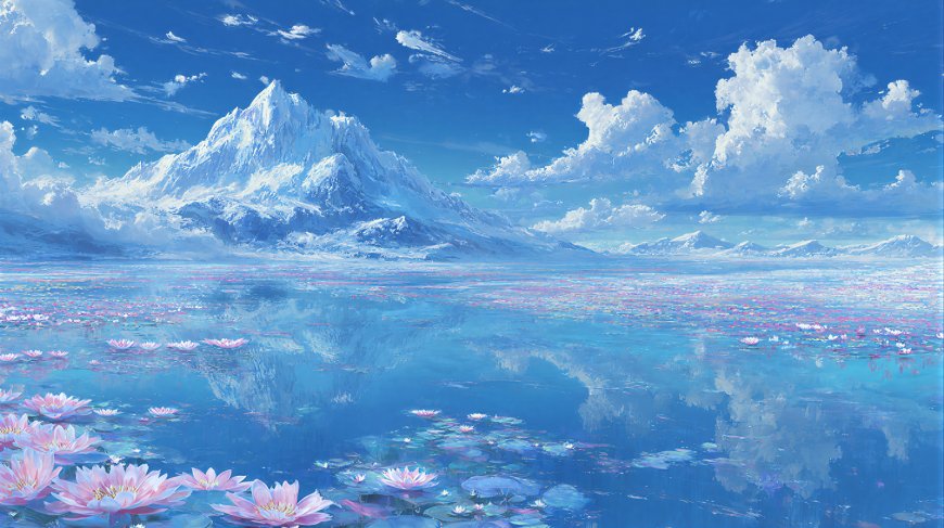 雪山湖面莲花盛开自然美景电脑壁纸