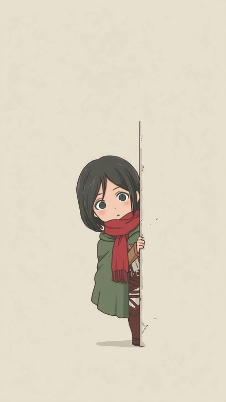 进击的巨人三笠阿克曼peeking墙后Q版插画手机壁纸
