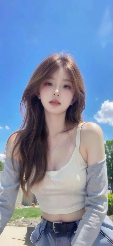 清新少女蓝天背景下露肩穿搭写真手机壁纸