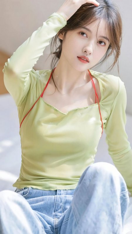 清新少女浅绿薄纱上衣红细带搭配牛仔裤坐姿写真手机壁纸