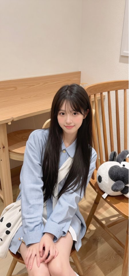 清新少女蓝格子衬衫木椅微笑手机壁纸