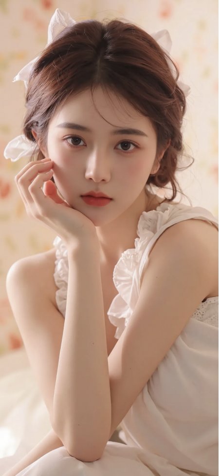 甜美少女白色蕾丝裙猫耳发饰温柔托腮手机壁纸