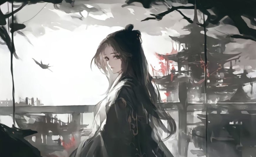 古风黑发女子楼阁飞鸟水墨电脑壁纸