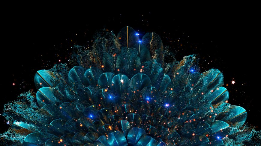 抽象粒子艺术蓝绿光点交织星空背景动态视觉效果电脑壁纸