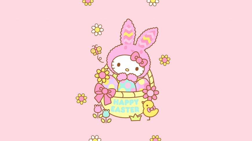 Hello Kitty复活节兔子篮子粉色背景动物电脑壁纸