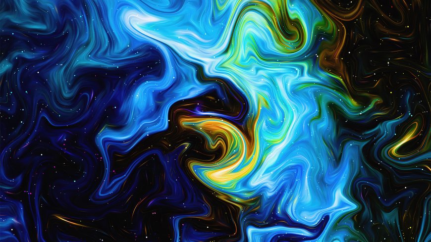 梦幻星云色彩流动深空蓝绿黄漩涡星点点缀风景电脑壁纸