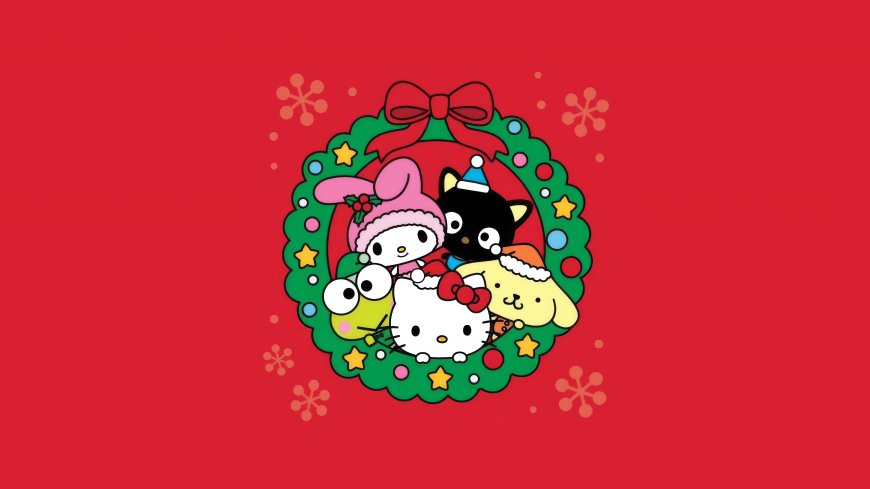 Hello Kitty圣诞角色花环红色背景卡通电脑壁纸
