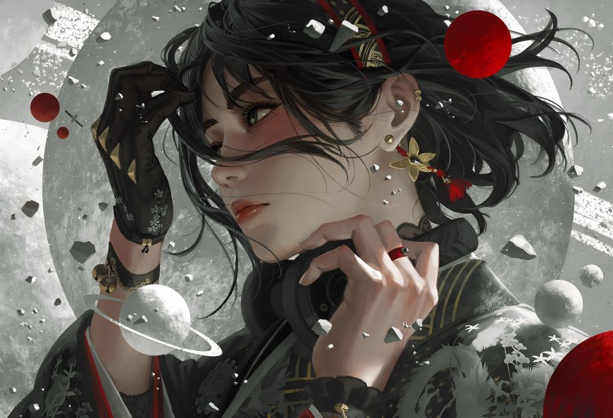 黑发古风少女红色月亮背景破碎星球装饰插画艺术电脑壁纸