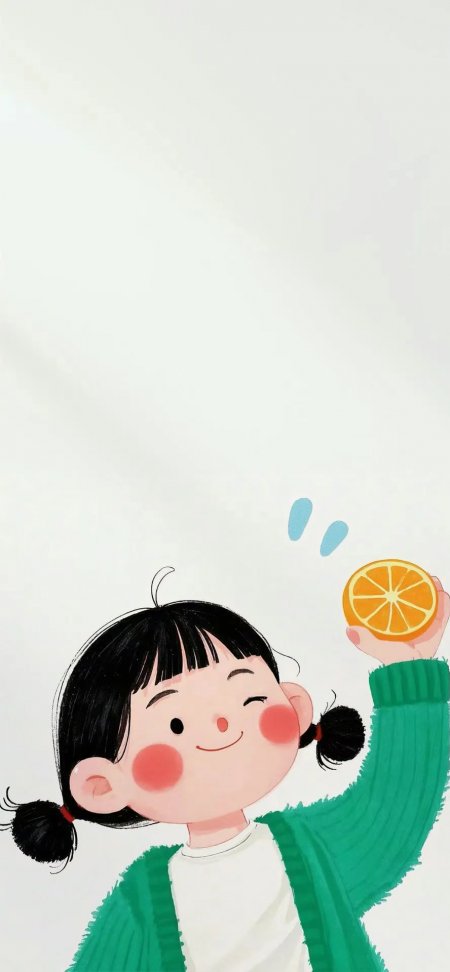 可爱小女孩举橙子微笑插画手机壁纸