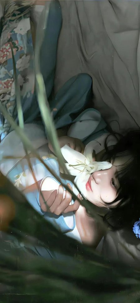 少女卧躺手持白百合花丛遮面清新文艺风手机壁纸