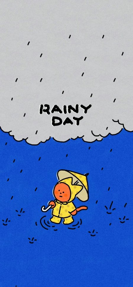 可爱小人穿黄色雨衣撑伞雨中漫步手机壁纸